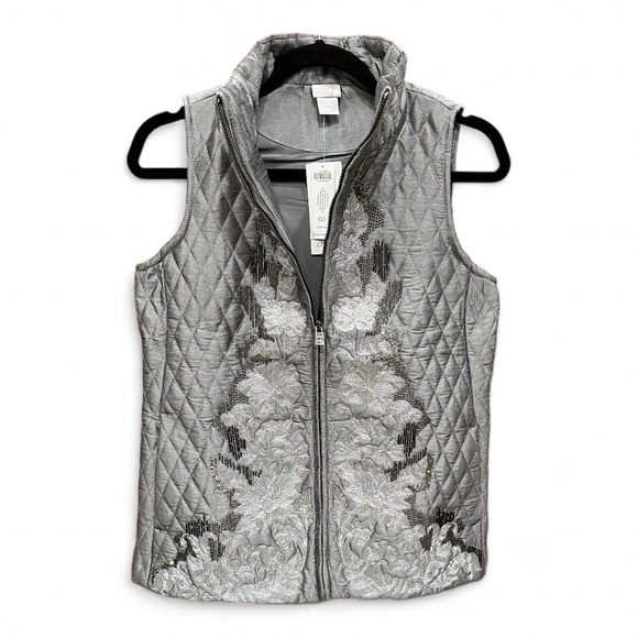 Chicos Richly Embellished Quilted Vest Pewter Chicos Size 00 (XS) NWT - Picture 1 of 7